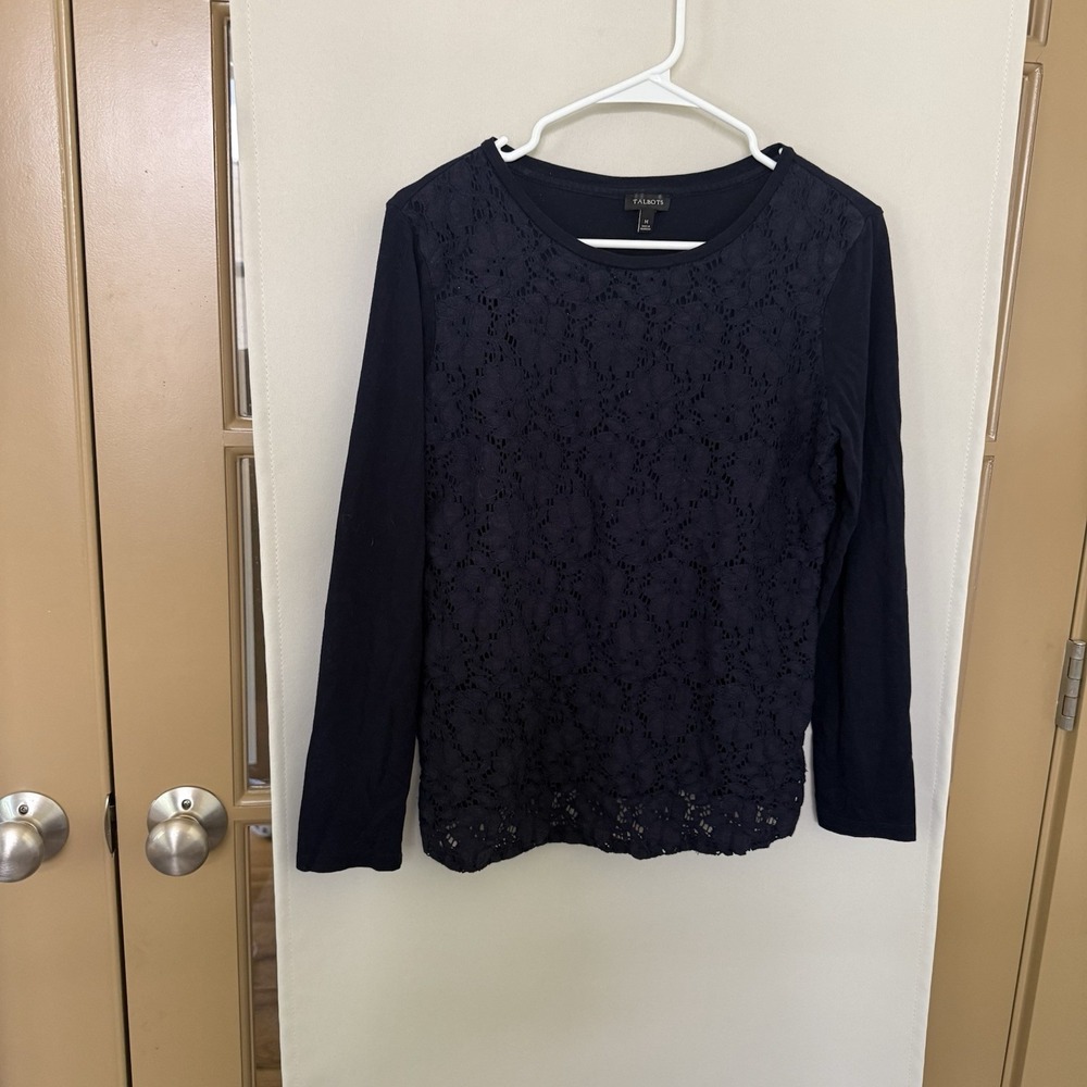 Talbots Womens Medium Navy Blue Floral Lace Overlay Long Sleeve Shirt Top